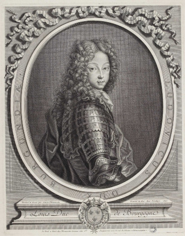 Louis Duc de Bourgogne / Dessiné et Gravé par Simon Thomassin Graveur du Roi. Avec Privilege. 1697. Se Vend a Paris chez Thomassin Graveur rue Dt Jacques vis avis la rue du Plastre a l'Annonciation.- A Paris : Simon Thomassin