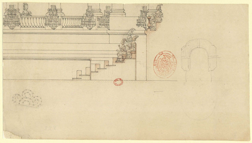 Versailles [Dessin] : Théâtres : coupe transversale des gradins d'un petit théâtre à un étage, avec personnages assis , 1750/1799