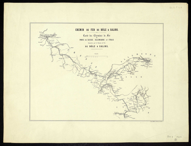 Chemin de fer Dole à Salins. Carte des chemins de fer de Paris en Suisse, Allemagne et Italie desservis par le chemin de fer de Dole à Salins. [Document cartographique] , Paris : lith. Clérin, 1850/1900