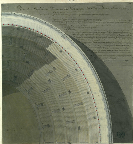 Plans de l'amphithéâtre Flavien nommé vulgairement le Colisée à Rome réunis les uns sur les autres dans leur ordre naturel : plan de la terrasse qui couronne l'édifice avec l'ensemble des gradins pour les spectateurs / Pierre-Adrien Pâris , [S.l.] : [P.-A. Pâris], [1700-1800]