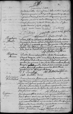 Paroisse Sainte Madeleine : baptêmes (naissances), mariages, sépultures (décès) (, 31 décembre 1743 - 31 décembre 1744)