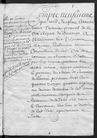 Comptes de la Ville de Besançon, recettes et dépenses, Compte de Jacques Antoine Varin (1684)