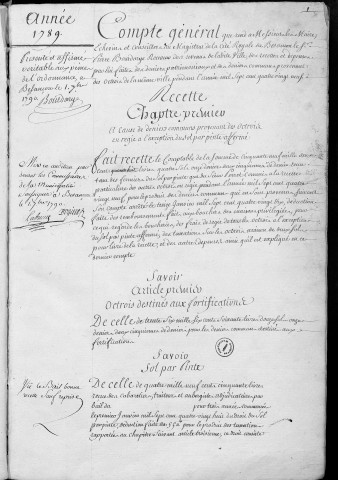 Comptes de la Ville de Besançon, recettes et dépenses, Compte de Pierre Bourdarye (1789)