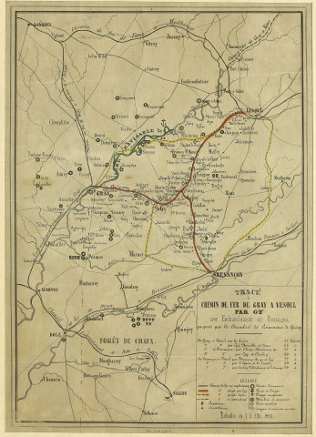 Tracé du chemin de fer de Gray à Vesoul par Gy, avec embranchement sur Besançon proposé par la Chambre de commerce de Gray. [Document cartographique] , Gray : lith. O. Querin, 1850/1900