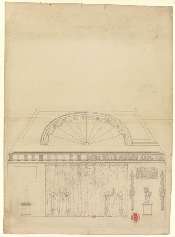 Versailles [Dessin] : Théâtres : détail d'architecture pour un théâtre ? ou petit côté de la salle des Notables ? Draperie semblable au rideau d'une scène de théâtre, mais comportant deux portes symétriques , 1750/1799