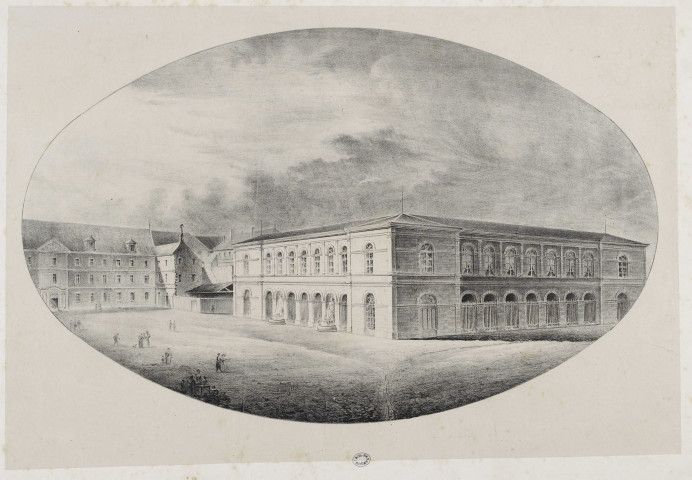 Vue perspective de la Nouvelle halle [estampe] / P. Marnotte lith:  ; Imp: de A. Girod : Imp. de A. Girod, [1843 ?]