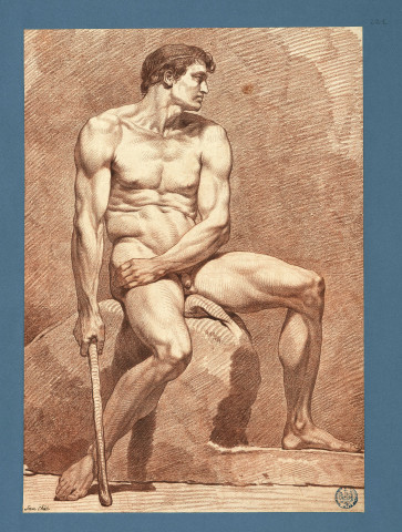 Etude de nu, assis, tenant en sa main droite un bâton ; assis de face, le visage tourné vers la droite / Simon Challes , [S.l.] : [S. Challes], [1700-1800]
