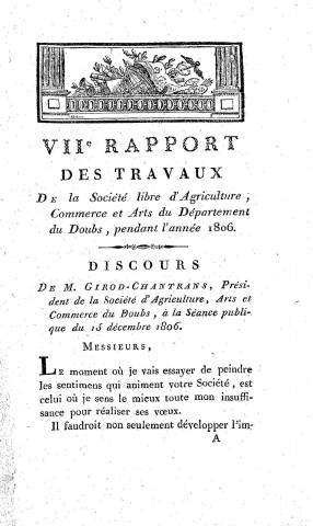 01/01/1806 - Rapport général des mémoires présentés à la Société libre d'agriculture, commerce et arts du département du Doubs [Texte imprimé]