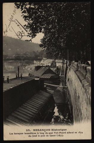 Les Baraques lavandières le long du quai Veil-Picard achevé en 1879. Au fond le pont de Canot (1877) [image fixe] , Paris : I. P. M., 1904/1918