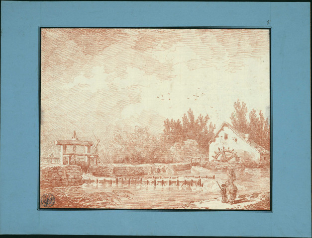 9 - Moulin au bord d'une rivière , [France : Paris], [1765-1770]