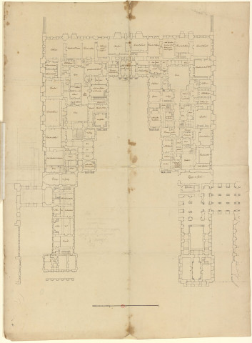 Versailles [Dessin] : projets pour la reconstruction du château : plan du rez-de-chaussée du principal corps du château. Année 1779 , 1779