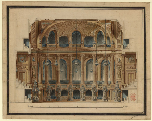 Versailles [Dessin] : Théâtres : coupe sur un petit côté de l'Opéra de Versailles, 1768 / Claude-Jean-Baptiste Jallier de Savault , 1768