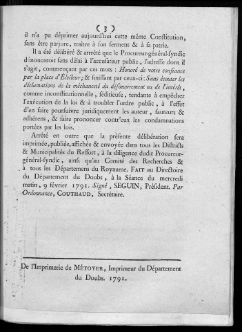 Proclamation du directoire du département du Doubs