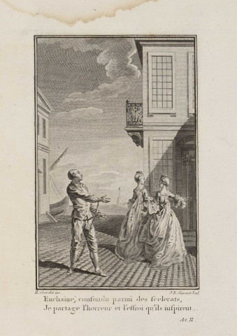 Gravure pour l'acte II scène VII de "L'Honnête criminel" de Fenouillot de Falbaire [image fixe] / H. Gravelot inv. J. B. Simonet sculp. , Paris, 1775/1785