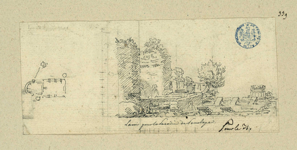 Vieux moulin et lavoir, pour "Syncope, reine de Mic-Mac" parodie de "Pénélope" représentée au théâtre de l'aile neuve à Versailles le 31 janvier 1786. Projet de décor de théâtre / Pierre-Adrien Pâris , [S.l.] : [P.-A. Pâris], [1700-1800]