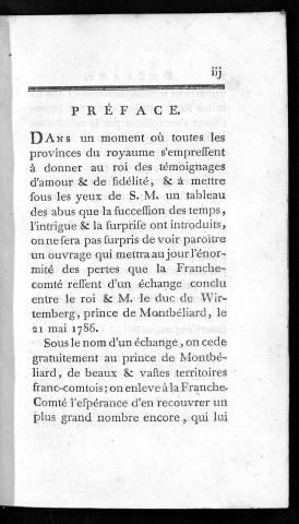Le comté de Montbéliard, agrandi et enrichi au préjudice de la Franche-Comté, par l'échange conclu le 21 mai 1786, entre le roi & M. le duc de Wirtemberg, relativement aux limites du comté de Montbéliard & des seigneuries de Blamont, Clémont, Héricourt & Chatelot, dédié aux Etats généraux, par un Franc-comtois