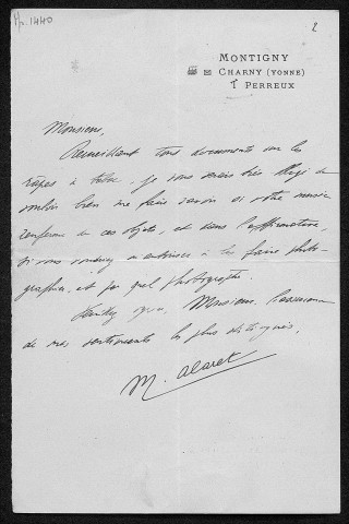 Ms 1440 - Correspondance d'Alfred Vaissier, conservateur du Musée archéologique de Besançon, avec divers archéologues et érudits (1886-1909)