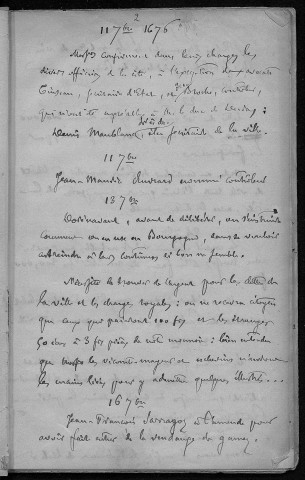 Ms 1848 - Inventaire et analyse des registres des délibérations municipales de la Ville de Besançon : 11 septembre 1676-1699 (tome VII). Notes d'Auguste Castan (1833-1892)