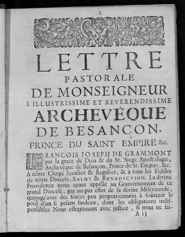 Lettre pastorale de Monseigneur... archevêque de Besançon au clergé et au peuple de son diocèse [6 décembre 1699]