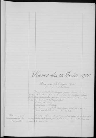 Registre des délibérations du Conseil municipal, avec table alphabétique, du 22 février au 30 décembre 1906