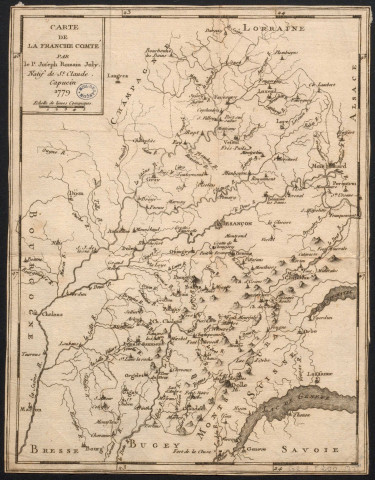 Carte de la Franche-Comté par le P. Joseph-Romain Joly, natif de St Claude, capucin. 5 lieues communes = Echelle de 5 lieues communes. [Document cartographique] , 1779