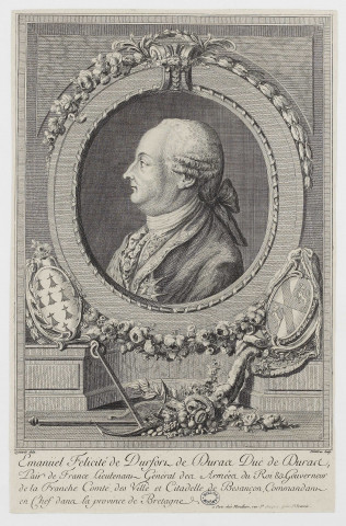 Emanüel Felicité de Durfort de Duras [image fixe] / Dembrun Sculp.  ; Queverdo delin , Paris : chez Mondhare, rue St Jacques, près St Severin, 1755/1785