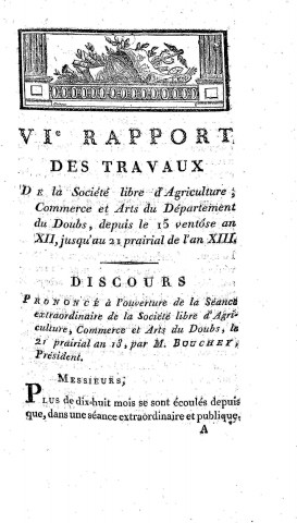 01/01/1805 - Rapport général des mémoires présentés à la Société libre d'agriculture, commerce et arts du département du Doubs [Texte imprimé]