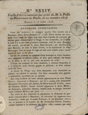 17/07/1808 - Feuille d'avis autorisée par arrêté de M. le Préfet du département du Doubs