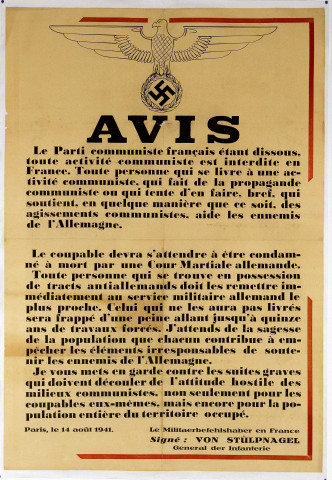 Avis concernant la dissolution du Parti communiste Français et l'interdiction de toute activité communiste, affiche