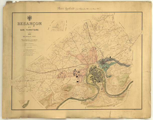 Plan de Besançon et son territoire au 1/10000e, dit "plan Delavelle" de 1883, sous la direction de l'ingénieur voyer L.Rouzet.
Sur ce plan est représenté en couleur la vague de la fièvre typhoïde de septembre 1885 à mars 1886.