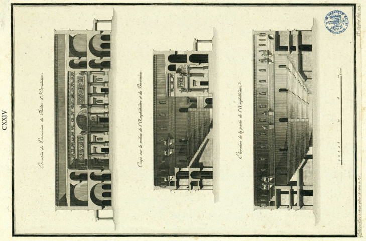 Elévation du proscenium du théâtre d'Herculanum. Coupe sur le milieu de l'amphithéâtre et du proscenium. Elévation de la partie de l'amphithéâtre [image fixe] / Dessiné par Paris architecte dessinateur du Cabinet du Roi ; PP. Choffard sculp. 1779 , [S.l.] : [s.n.], 1779