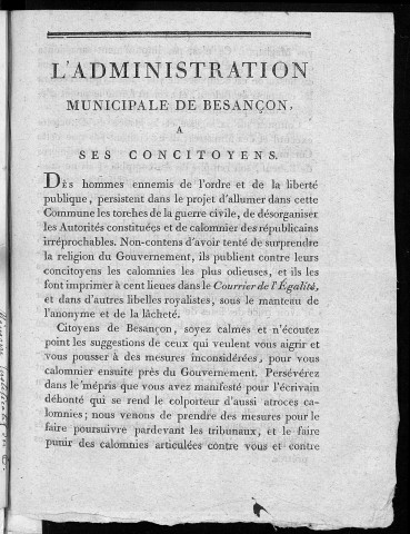 L'Administration municipale de Besançon à ses concitoyens. 19 prairial
