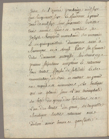 Pont de Battant et arc de triomphe :
- Acensements par la Ville et baux à loyer des maisons et boutiques construites sur le grand pont de Besançon (1314-1790).
- Pièces relatives à la dégradation de l'arc de triomphe élevé en 1676 à la gloire de Louis XIV sur le pont Battant (1741), à sa réparation aux frais de l'Etat (1743), à sa cession à la Ville à charge d'entretien (1747) et à la location de deux boutiques placées en dessous et à sa démolition (1776).