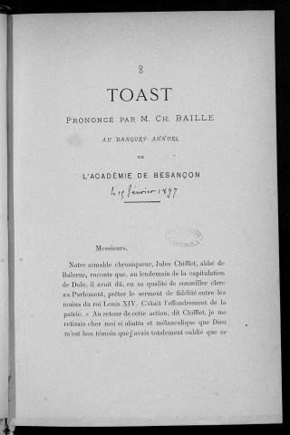 Toast prononcé par M. Ch. Baille au banquet annuel de l'Académie de Besançon, [le 15 février 1897]