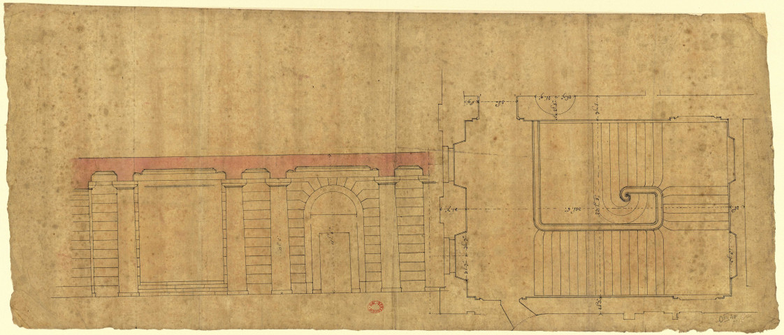 Hôtel de Ville de Neuchâtel [image fixe] : coupe d'un détail de la façade, plan de l'escalier / [Pierre-Adrien Pâris] , 1750/1799
