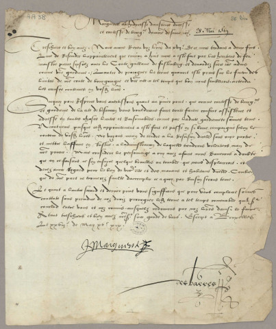 - Lettre des Empereurs d'Allemagne, des Rois de France, des souverains de la Franche Comté, des princes voisins à la commune de Besançon pour lui notifier des évènements lui adresser des recommandations ou lui demander des services - Lettre de l'Empereur Frédéric II, révoquant la concession des droits régaliens sur Besançon, jadis faite par lui au Comte Othon duc de Méranie (7 novembre 1249) - Lettre de la Comtesse Mahaut d'Artois (s.d.) - Acte de réponse faite par les gouverneurs de Besançon à une lettre du Roi de France Charles VI et du Duc de Bourgogne relative à la déposition du pape Benoît XIII, portant que la Cité suivrait toujours son archevêque dans les questions religieuses et l'Empereur dans les questions temporelles (30 octobre 1398) - Lettre de recommandation de l'Empereur Wenceslas (Prague, 20 novembre, s.d.) - Lettre de recommandation du Comte de Genève (s.d.) - Deux lettres de recommandation du Comte Duc Jean sans Peur (1402) - Copie d'un manifeste de Charles VI, roi de France, rétractant son adhésion à l'antipape Pierre de Luna (Paris, 12 janvier 1407) - Lettre du roi de France Charles VI notifiant aux villes la rébellion du dauphin et leur interdisant toutes relations avec lui (Provins, 13 mars 1419) - Lettres de Louis de Chalon (6 mai 1435, 22 mai 1452) - Lettre du Comte de Charolais (20 juin 1464) - Lettre du Comte Duc Philippe le Bon (10 juin 1465) - Mandement du Comte Duc Charles le Téméraire exemptant les denrées et marchandises destinées à Besançon des nouvelles gabelles imposées à ses sujets de Franche Comté (Vesoul, 22 mars 1474) - Mandement du Comte Duc Charles le Téméraire pour la saisie des biens des citoyens de Bâle qui pourraient être à Besançon (Luxembourg, 6 juin 1474) - Lettre de la Duchesse de Guyenné au sujet du vol d'une fourrure (Dijon, 6 mai sd) - Réponse du Roi de France Charles VIII à une demande de résiliation du traité qui liait la commune de Besançon au Duc de Bourgogne (Montils les Tours, 3 février 1483) - Lettre du Roi de France Charles VIII avisant la ville de Besançon de sa victoire de St Aubin du Cormier (Au Vergier en Anjou, 17 août 1488) - Lettre du Roi de France Charles VIII au sujet d'une expédition qui se prépare dans le pays de Ferrette contre le duché de Bourgogne (Amboise, 23 juillet 1489) - Lettre de l'Archiduc Philippe le Beau (Bruxelles, 20 novembre 1505) - Lettre de Marguerite d'Autriche en réponse à deux sollicitations des gouverneurs et jurés de Besançon concernant les suites à donner à une requête des héritiers de "Maître Pierre" face à Guillaume de Fustemberg et l'octroi d'un délai supplémentaire dans le procès sur les limites du territoire de la cité (28 mai 1519) (lettre foliotée 26 bis) - Mandements de l'Empereur Charles Quint au sujet de citoyens de Besançon inculpés (1526-1535) - Lettre en faveur de Guillaume de Poupet archidiacre de Besançon (21 septembre 1538) - Ambassade de la comtesse de Neuchâtel à la commune de Besançon (1543) - Lettres de la Régente Marie (Louvain, 10 octobre 1546) ; de la duchesse de Lorraine (15 juin 1552) ; du roi d'Espagne Philippe II (Bruxelles, 30 septembre 1558) ; de l'Archiduchesse Marguerite (Bruxelles, 11 avril 1559 et 13 mars 1563) ; de l'Empereur Ferdinand I (Prague, 20 octobre 1561, Fribourg , 28 décembre 1562, Vienne 17 avril 1564) ; de l'Archiduc Ferdinand (4 novembre 1567) ; de l'Empereur Maximilien (Vienne, 16 décembre 1573) ; du Comte de Montagudo, recommandant le Comte de Parme (Maëstricht, 14 octobre 1579) ; de l'Empereur Rodolphe II (Prague, 18 décembre 1589, 25 septembre 1584, 18 avril 1586, 15 mars 1598, 17 août 1602, 2 avril 1603, 23 février 1607); du Duc de Guise (10 mars 1583) ; de Frédéric, Comte de Wurtemberg et de Montbéliard (8 octobre 1585, 28 avril 1586, 2 février 1589, 30 avril 1589) ; du Duc de Savoie (29 janvier 1592, 12 octobre 1597) ; du Duc de Lorraine (Nancy, 5 octobre 1595) ; de l'Archiduc Albert (Bruxelles, 15 juillet 1599, Milan, 21 janvier 1599, Mariemont 2 octobre 1609) ; de l'Empereur Ferdinand II (Vienne, 1er mars 1620, 16 février 1626) ; de l'Empereur Ferdinand III (Vienne, 10 novembre 1637, 15 juin 1643, 22 décembre 1643, 8 février 1646, 9 août 1649, 8 octobre 1649) ; du Duc de Lorraine (Saarbrük, 10 janvier 1642) ; lettre relatives à des affaires particulières - Lettre de la Reine régente d'Espagne, notifiant la nomination de Jérôme de Quinones comme gouverneur de la Franche Comté (Madrid, 22 avril 1671) - Lettres du Roi Louis XV notifiant son avènement et la régence du Duc d'Orléans (Versailles, 1er septembre 1715 et 12 septembre 1715) ; du Duc Philippe d'Orléans (Paris, 16 septembre 1715) - Correspondance de la municipalité au sujet de la convalescence du roi Louis XV et de son passage à Vesoul (1744-1746) - Lettre du roi Louis XVI notifiant son avènement (Versailles, 10 mai 1774) - Bulle de pape Nicolas (Avril 1451), actes et lettres des empereurs et rois Maximilien Charles Quint, Philippe II d'Espagne, Maximilien II, des archiducs et de Mathias, revendiquant leurs droits pour la collation des bénéfices, en vertu du Concordat germanique (1500-1615)
