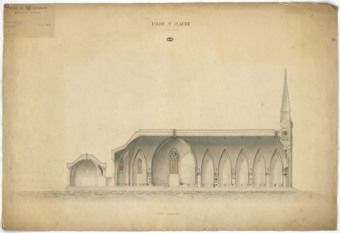 Eglise Saint-Claude, projet de construction, coupe longitudinale : plan en couleurs dressé le 30 juillet 1874 (entoilés).