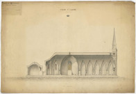 Eglise Saint-Claude, projet de construction, coupe longitudinale : plan en couleurs dressé le 30 juillet 1874 (entoilés).