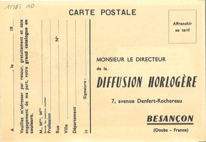 Entreprise d'horlogerie Difor à Besançon : carte postale publicitaire [années 1970].