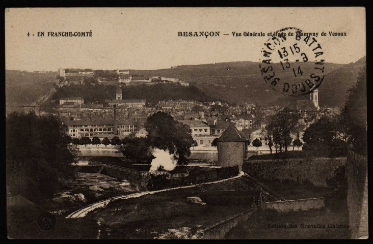 Besançon - Besançon - Vue Générale et ligne de Tramway de Vesoul. [image fixe] , Dijon : Louys Bauer. Imp. Dijon. Côte d'or, 1904/1930