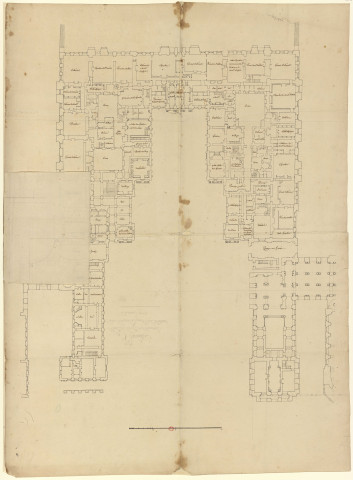 Versailles [Dessin] : projets pour la reconstruction du château : plan du rez-de-chaussée du principal corps du château. Année 1779 , 1779