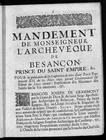 Mandement de Monseigneur l'archevêque de Besançon... pour la publication de la constitution de N. S. P. le Pape Innocent XII, du 12 mars 1699, portant condamnation et défense du livre intitulé : Explication des maximes des Saints sur la vie intérieure, etc.