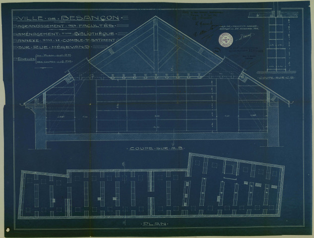 Agrandissement. Bibliothèque annexe, aménagement dans les combles du bâtiment rue Mégevand : délibération, devis, plans, correspondance (1924-1925). Laboratoire de chimie appliquée, aménagement : devis, avant métré, cahier des charges, plans, correspondance (1925-1930).
