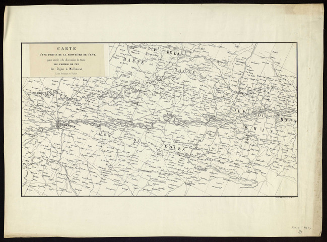 Carte d'une partie de la frontière de l'Est pour servir à la discussion du tracé de chemin de fer de Dijon à Mulhouse entre Besançon et Valdieu. [Document cartographique] , Paris : impr. Bineteau, 1849/1928