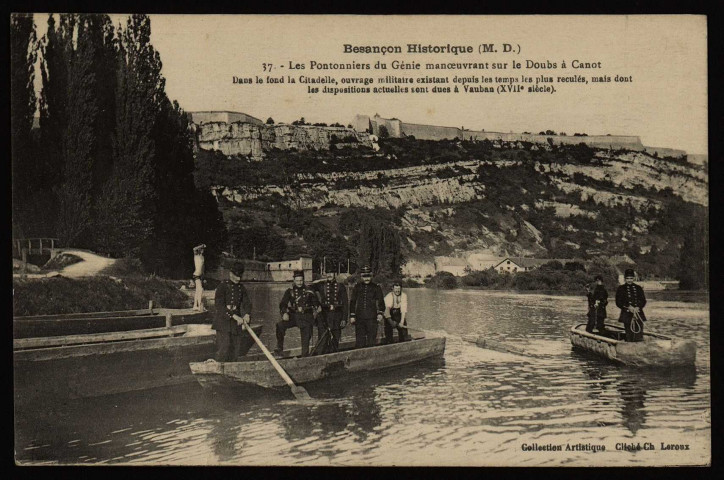 Les Pontonniers du Génie manoeuvrant sur le Doubs à Canot [image fixe] , 1904/1918