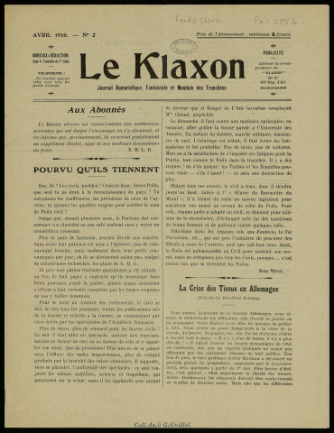 Le klaxon [Texte imprimé] : journal humoristique, fantaisiste et mondain des tranchées