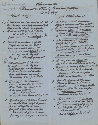 Chansonnette ; banquet de Sainte-Cécile.