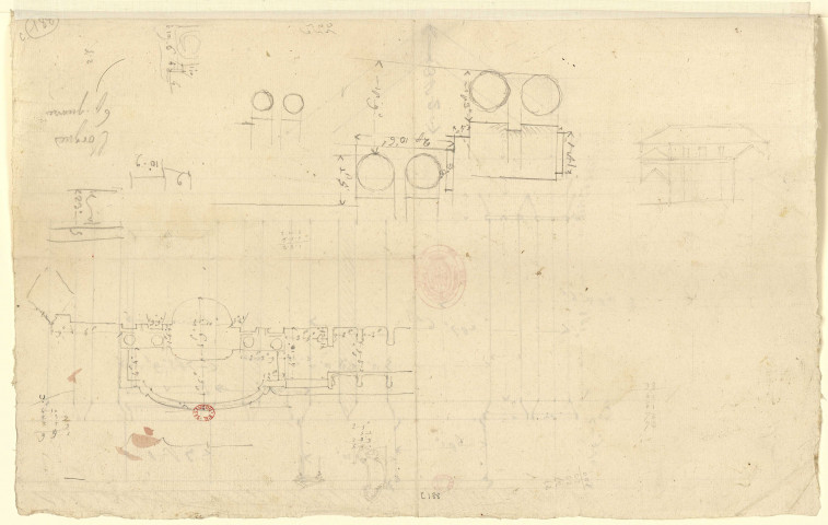 Fronton et plans d'architecture divers [Dessin] , [S.l.] : [s.n.], [1750-1799]