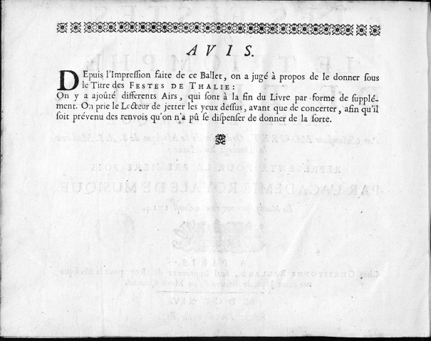 Les Festes ou le Triomphe de Thalie, ballet en musique par monsieur Mouret... représenté pour la première fois par l'Académie royale de musique le mardy quatorzième août 1714