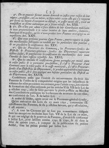 Arrêté du Directoire du département du Doubs, sur l'exécution de la loi du 17 mars 1791, concernant l'établissement des patentes et celle du 6 octobre, qui y est relative. A la séance du 9 février 1792, l'an 4e de la liberté